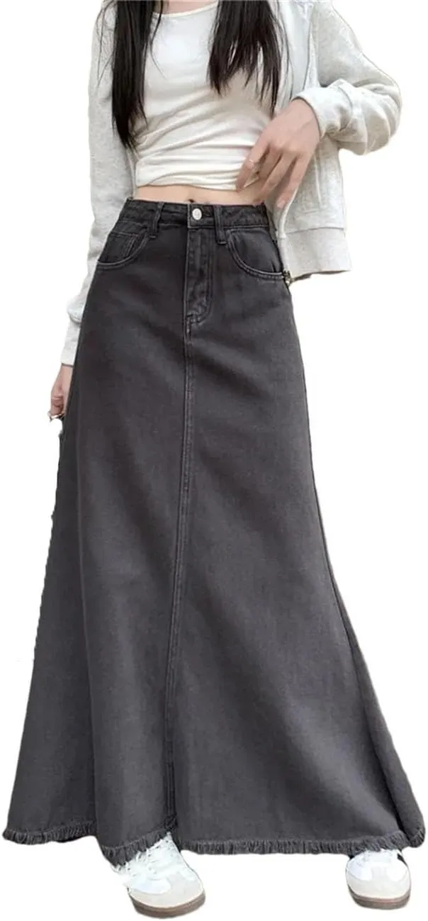 Women Solid Denim Skirt Vintage High Waist Y2k A-Line Jean Trumpet Skirts