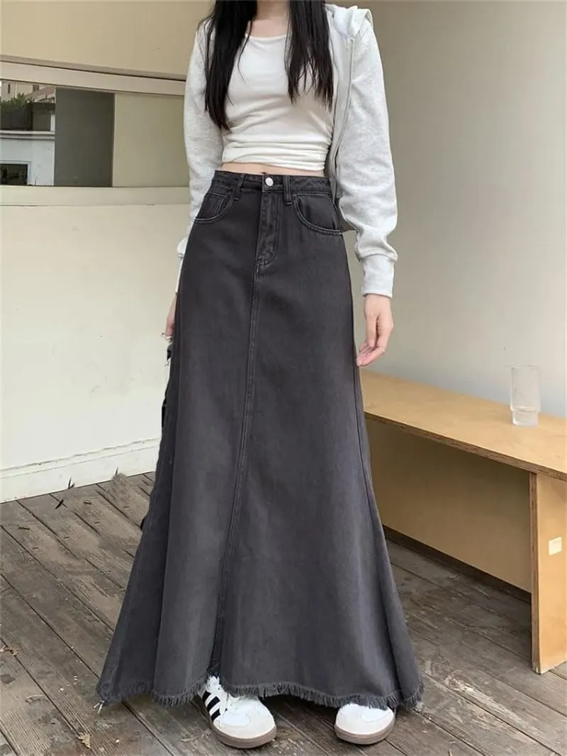 Women Solid Denim Skirt Vintage High Waist Y2k A-Line Jean Trumpet Skirts