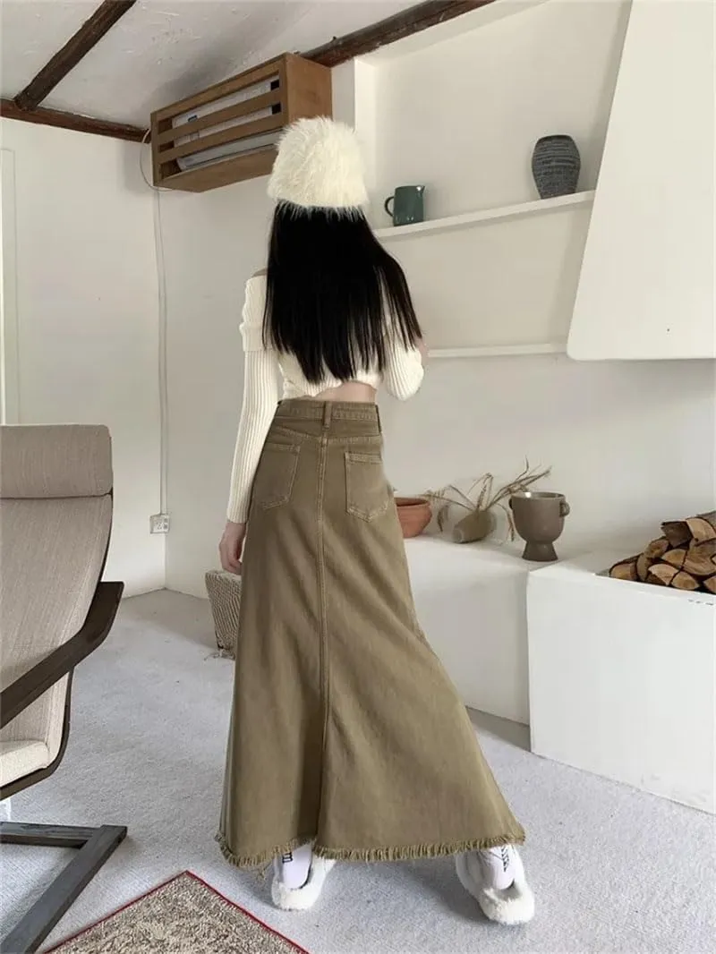Women Solid Denim Skirt Vintage High Waist Y2k A-Line Jean Trumpet Skirts