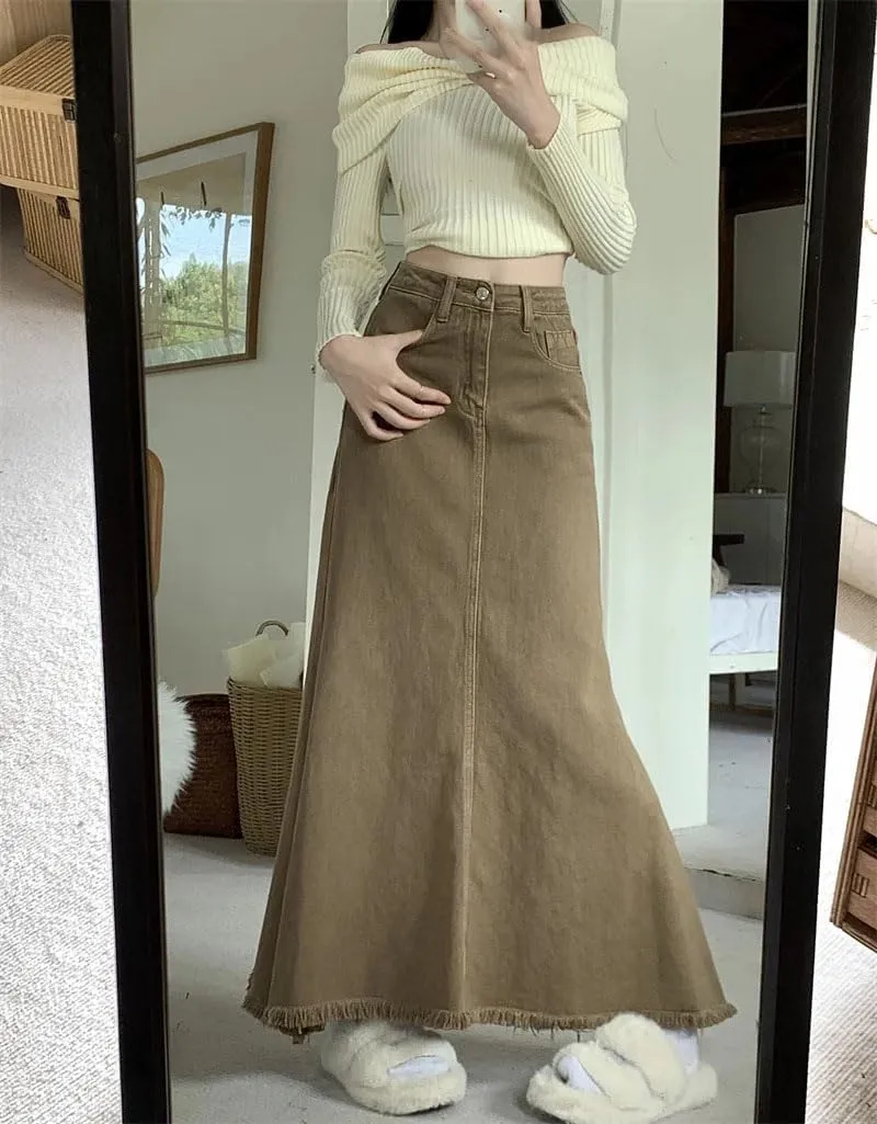 Women Solid Denim Skirt Vintage High Waist Y2k A-Line Jean Trumpet Skirts