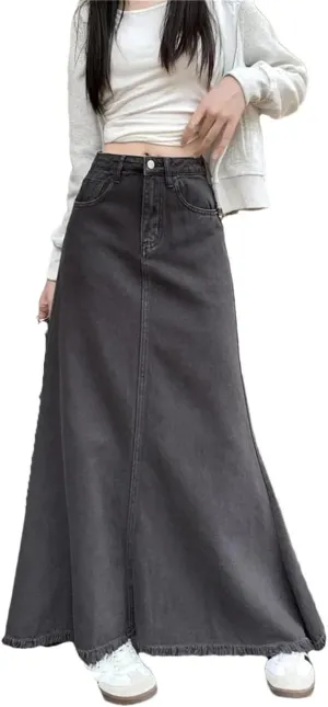Women Solid Denim Skirt Vintage High Waist Y2k A-Line Jean Trumpet Skirts