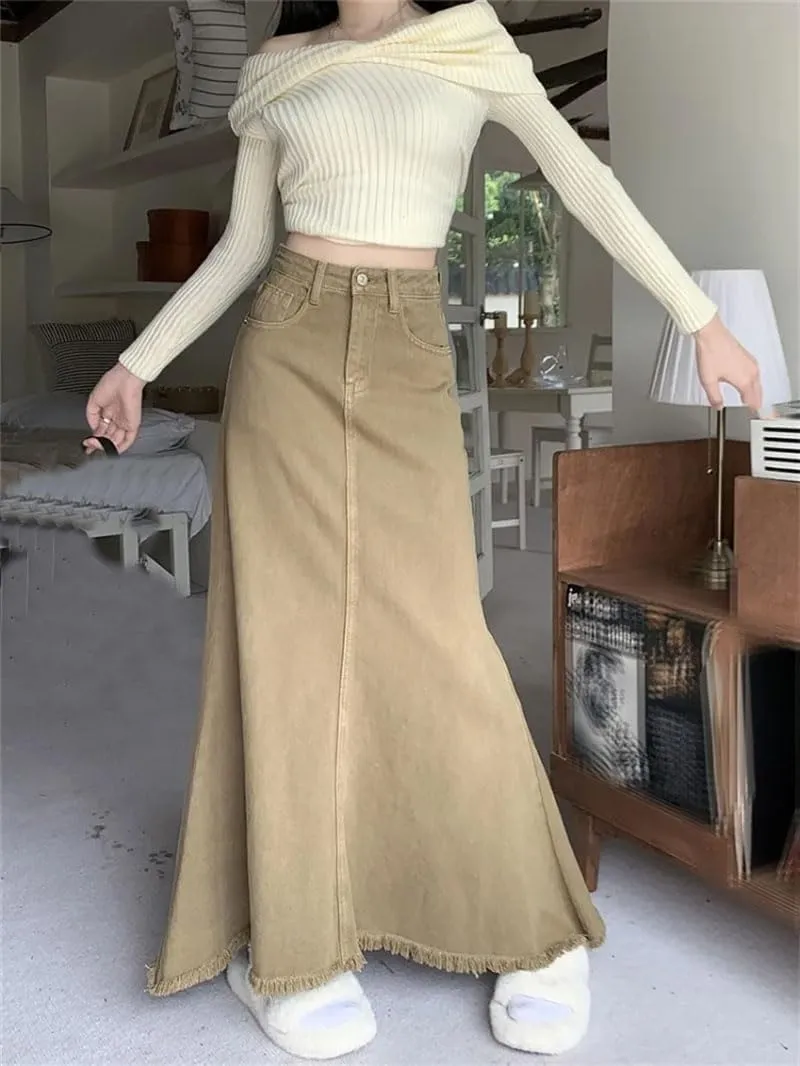 Women Solid Denim Skirt Vintage High Waist Y2k A-Line Jean Trumpet Skirts