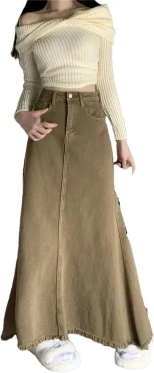 Women Solid Denim Skirt Vintage High Waist Y2k A-Line Jean Trumpet Skirts
