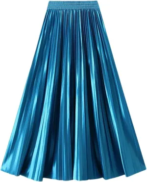 Women Solid High Waist Pleated Skirt Vintage Long Skirts Slim Fit A-Line Elastic Waist Skirt