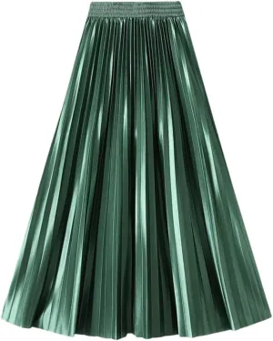 Women Solid High Waist Pleated Skirt Vintage Long Skirts Slim Fit A-Line Elastic Waist Skirt