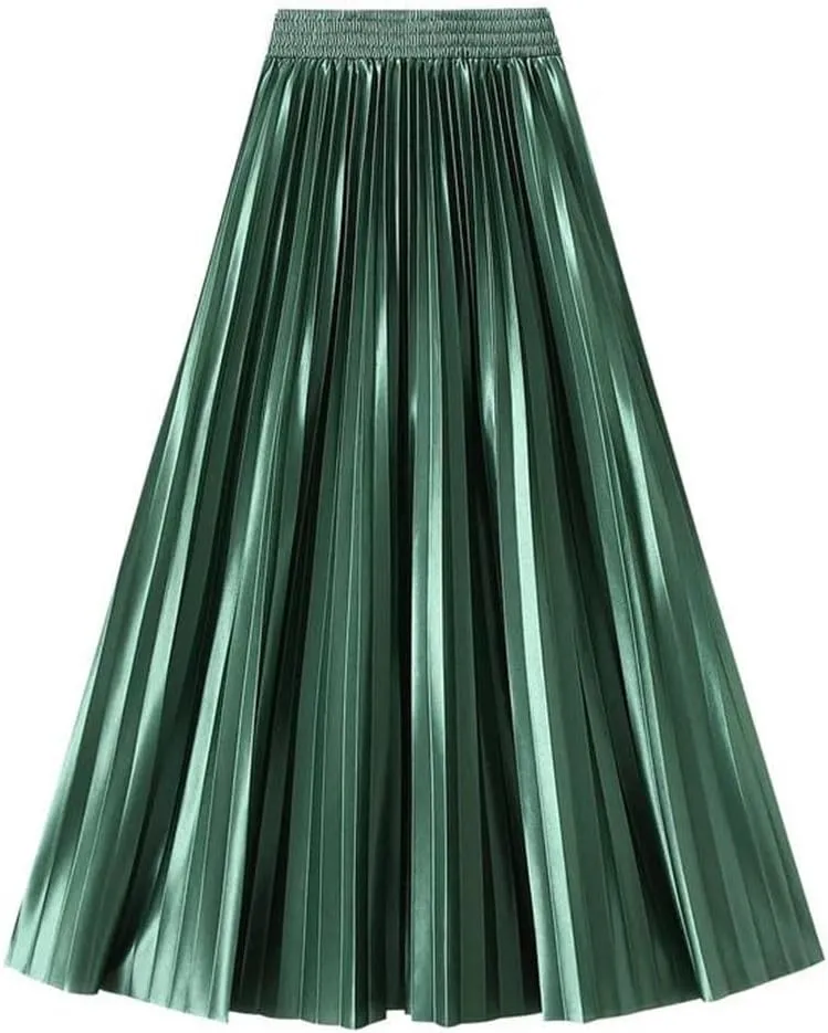 Women Solid High Waist Pleated Skirt Vintage Long Skirts Slim Fit A-Line Elastic Waist Skirt