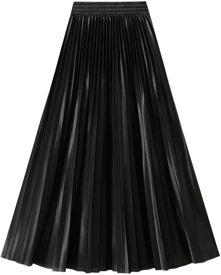 Women Solid High Waist Pleated Skirt Vintage Long Skirts Slim Fit A-Line Elastic Waist Skirt