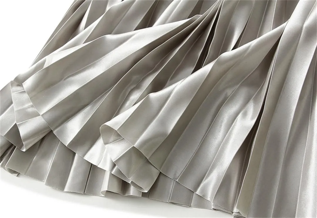 Women Solid High Waist Pleated Skirt Vintage Long Skirts Slim Fit A-Line Elastic Waist Skirt