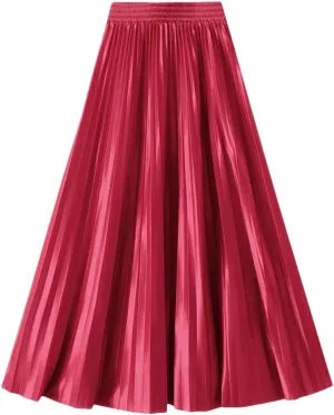 Women Solid High Waist Pleated Skirt Vintage Long Skirts Slim Fit A-Line Elastic Waist Skirt