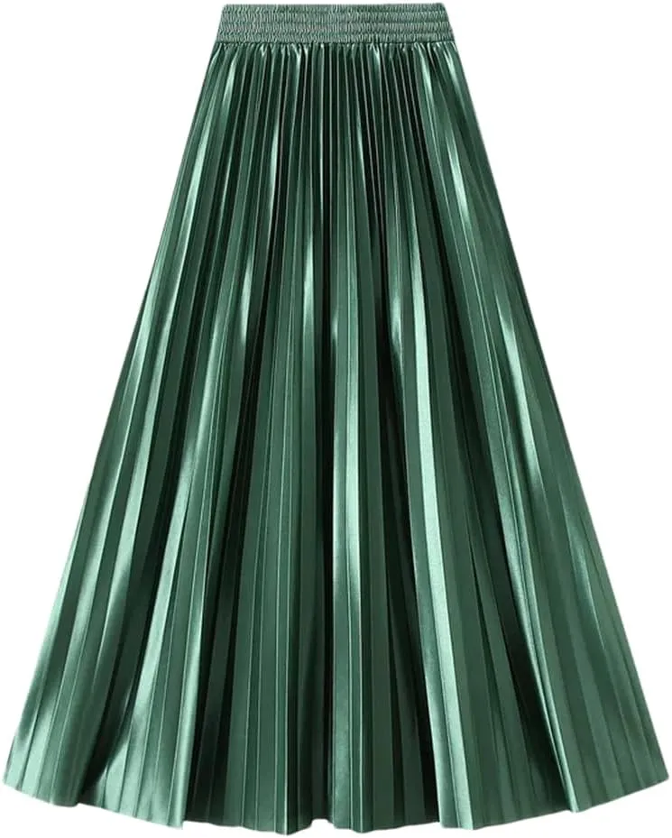 Women Solid High Waist Pleated Skirt Vintage Long Skirts Slim Fit A-Line Elastic Waist Skirt