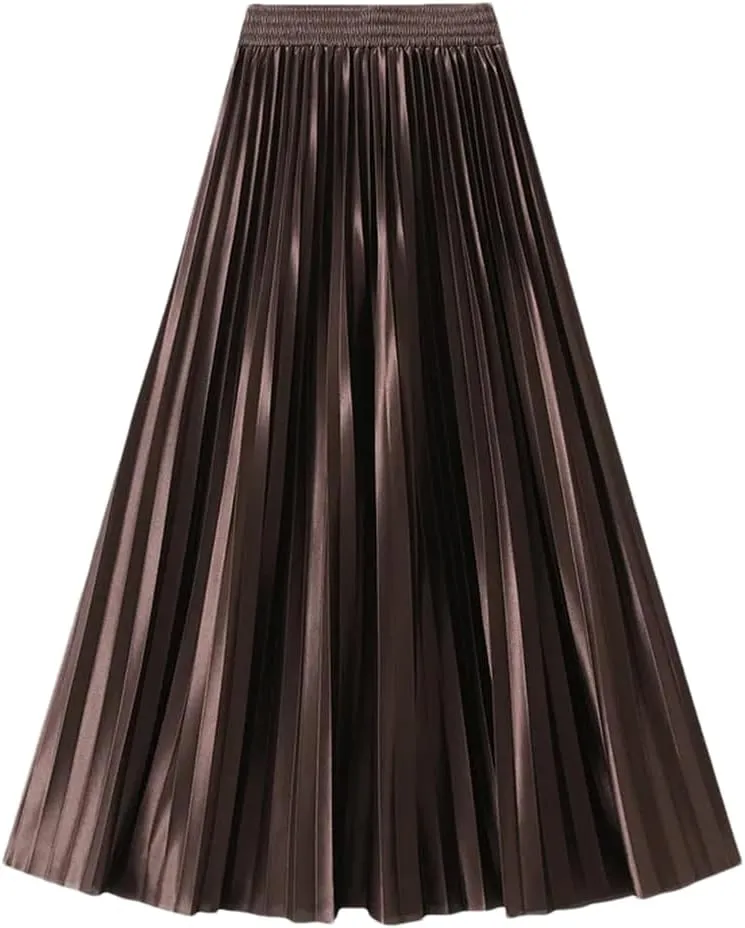 Women Solid High Waist Pleated Skirt Vintage Long Skirts Slim Fit A-Line Elastic Waist Skirt