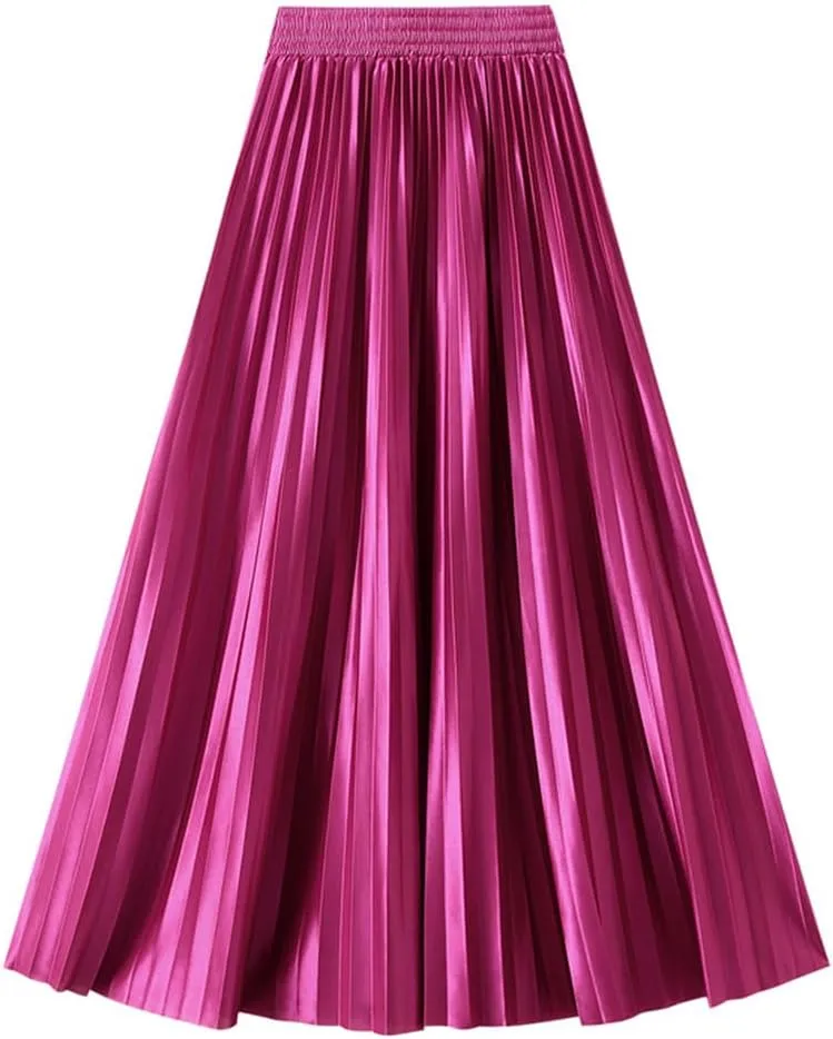 Women Solid High Waist Pleated Skirt Vintage Long Skirts Slim Fit A-Line Elastic Waist Skirt