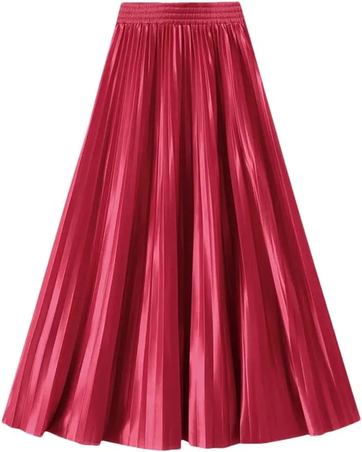 Women Solid High Waist Pleated Skirt Vintage Long Skirts Slim Fit A-Line Elastic Waist Skirt