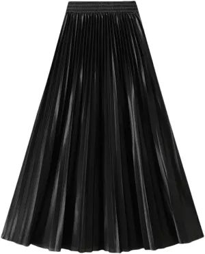 Women Solid High Waist Pleated Skirt Vintage Long Skirts Slim Fit A-Line Elastic Waist Skirt