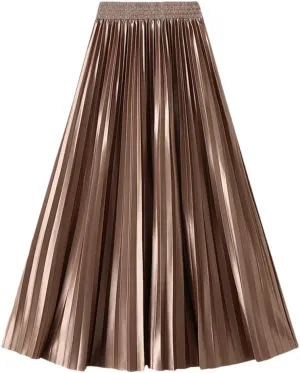 Women Solid High Waist Pleated Skirt Vintage Long Skirts Slim Fit A-Line Elastic Waist Skirt
