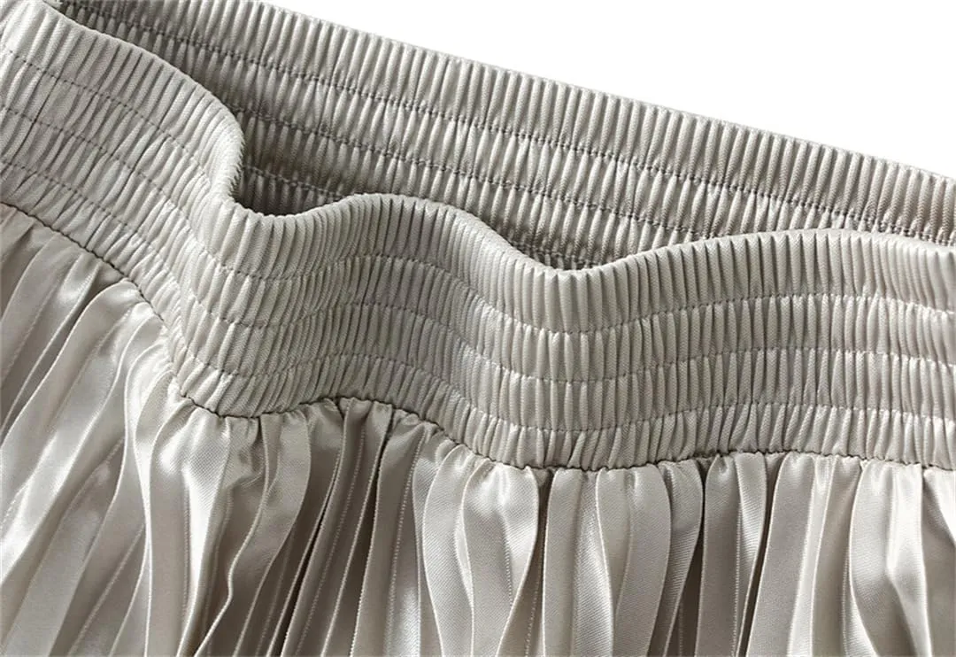 Women Solid High Waist Pleated Skirt Vintage Long Skirts Slim Fit A-Line Elastic Waist Skirt
