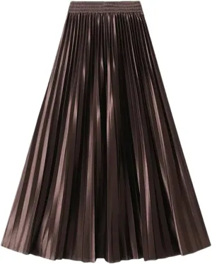 Women Solid High Waist Pleated Skirt Vintage Long Skirts Slim Fit A-Line Elastic Waist Skirt
