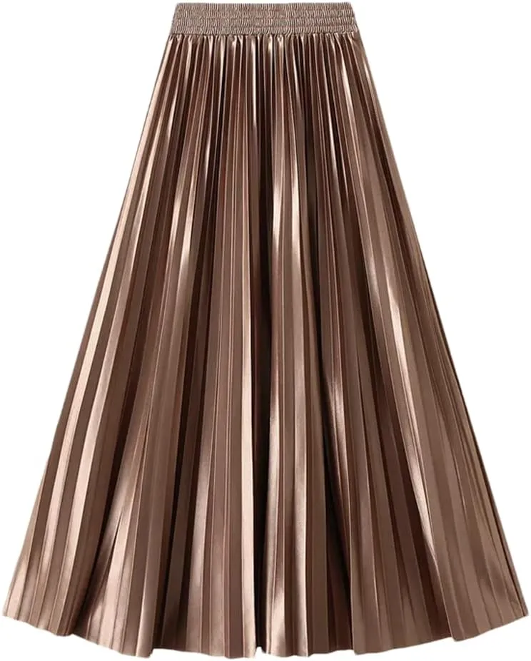 Women Solid High Waist Pleated Skirt Vintage Long Skirts Slim Fit A-Line Elastic Waist Skirt