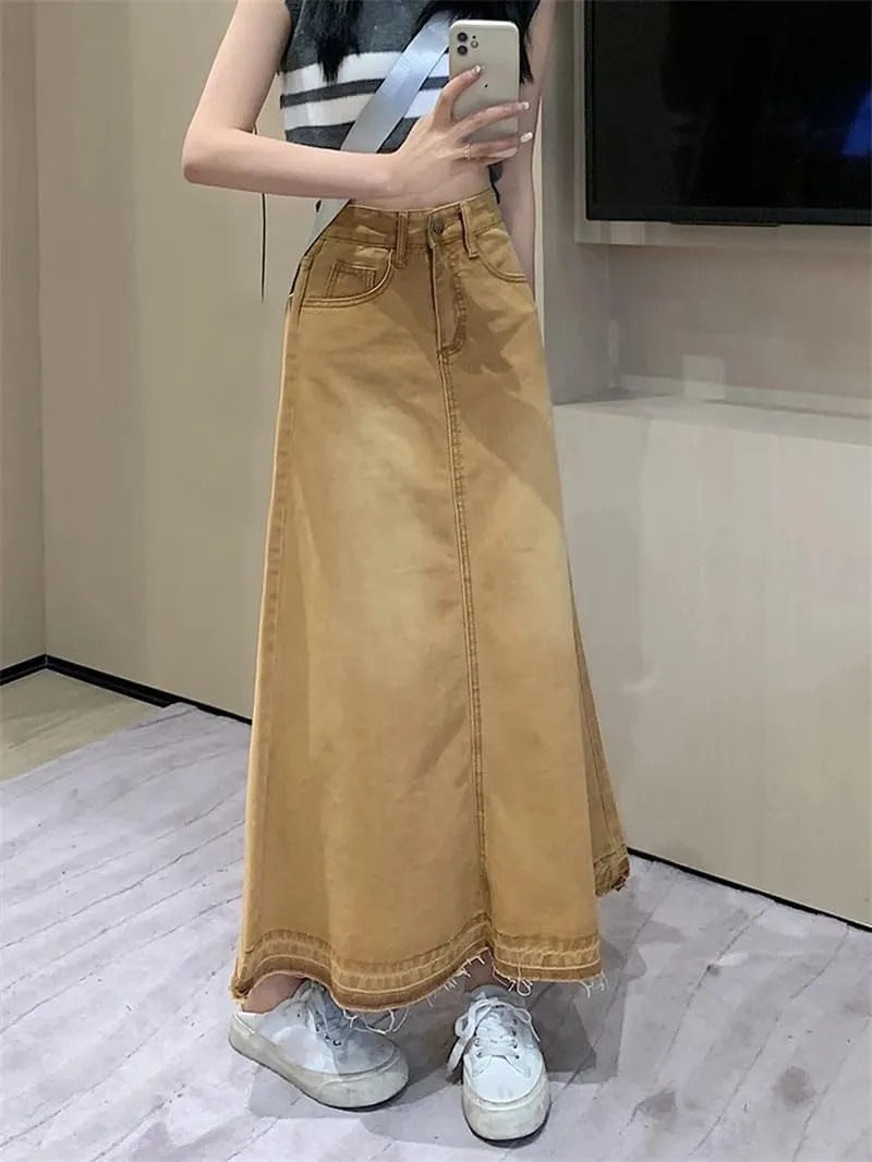 Women Solid Mid-Length Denim Skirt High Waist Edge A-Line Loose Casual Skirts