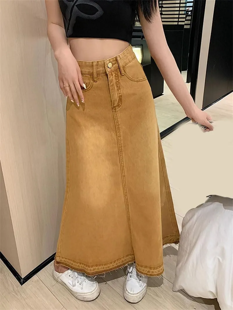 Women Solid Mid-Length Denim Skirt High Waist Edge A-Line Loose Casual Skirts