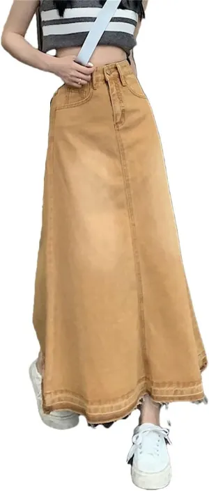 Women Solid Mid-Length Denim Skirt High Waist Edge A-Line Loose Casual Skirts