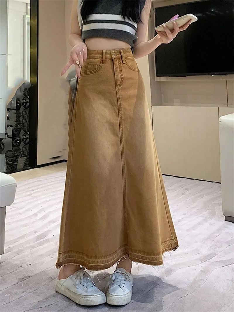 Women Solid Mid-Length Denim Skirt High Waist Edge A-Line Loose Casual Skirts