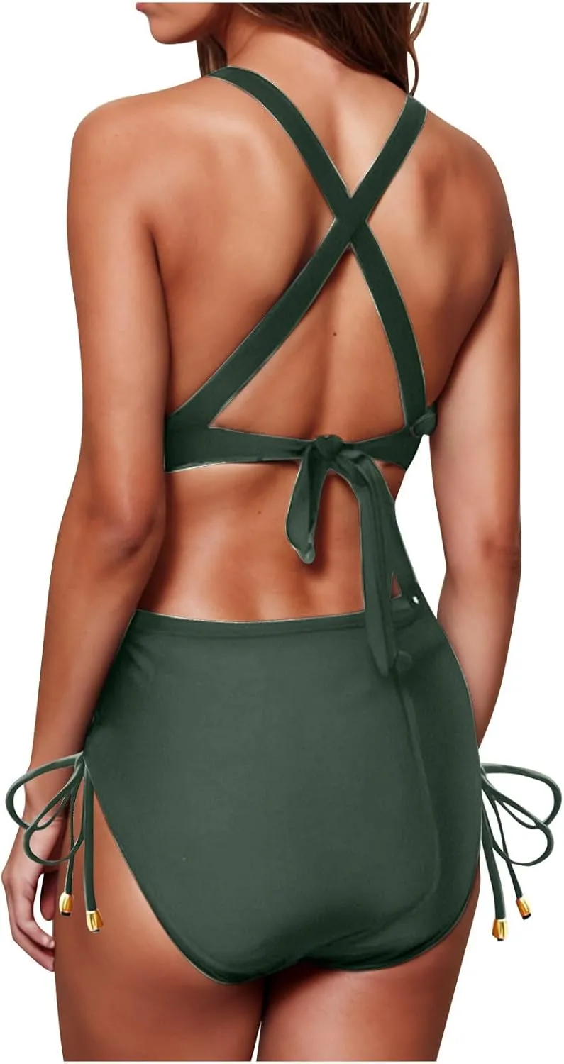 Women Solid Twist Front Two Piece Bikini Swimsuit Beach Wrap Push Up Bikini Set Tummy Control Plus Size Bathing Suit