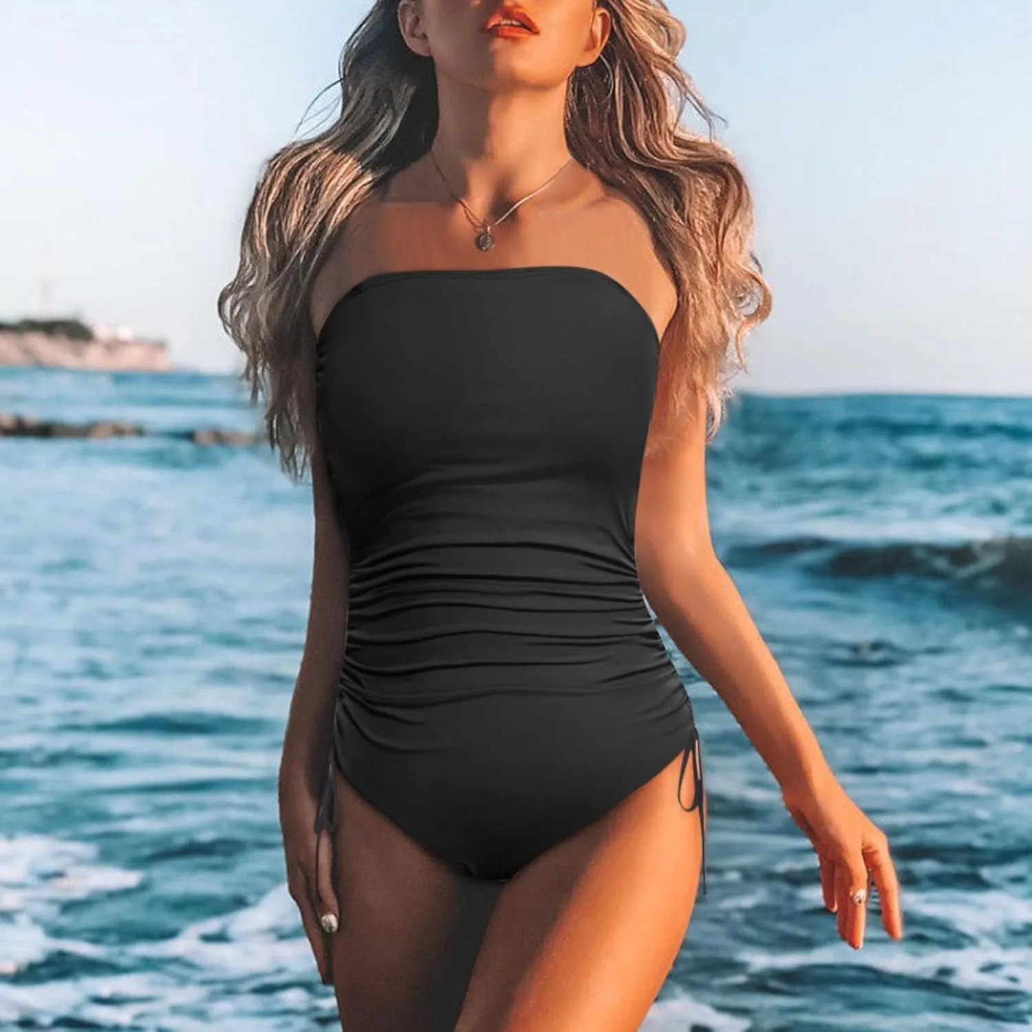 Women Strapless One Piece Swimsuit Tummy Control Ruched Bathing Suit Square Neck Backless Push Up Swimwear
