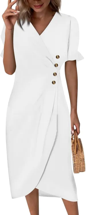 Women Summer Dress Puff Sleeve Crossed Hemline Casual V Neck Wrap Waist Dress Vintage Elegant Polka Dot Sundress