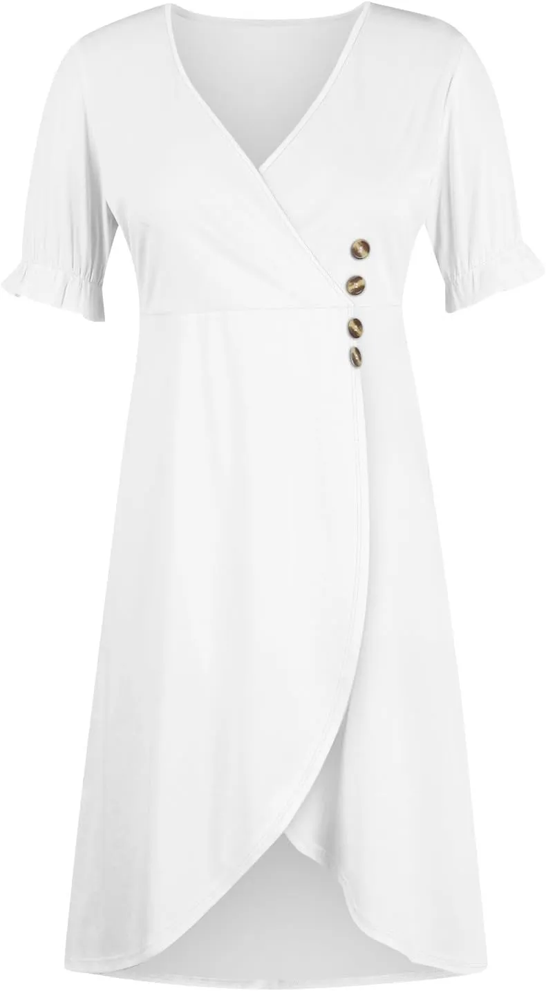 Women Summer Dress Puff Sleeve Crossed Hemline Casual V Neck Wrap Waist Dress Vintage Elegant Polka Dot Sundress