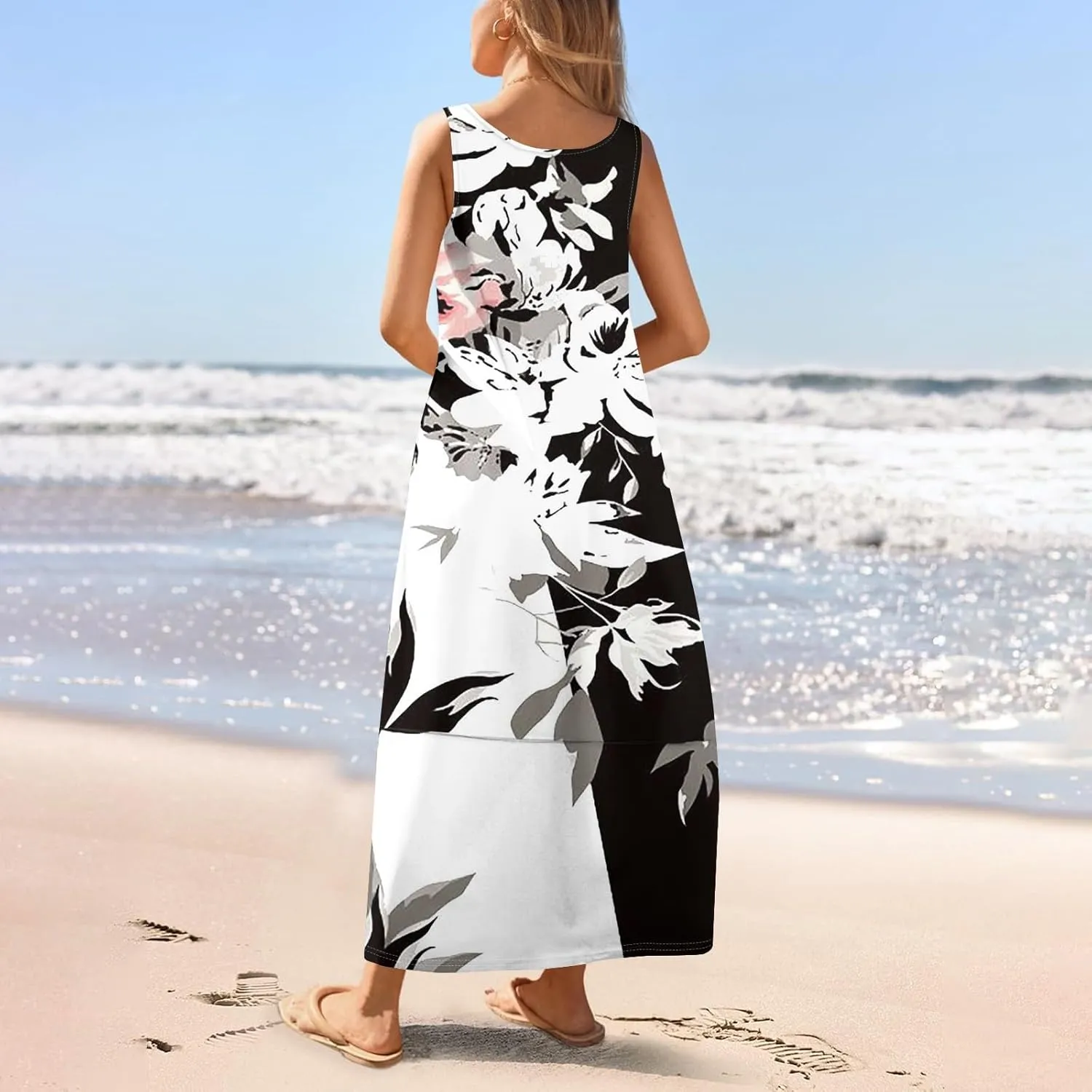 Women Summer Dresses 2025 Sleeveless Round Neck Maxi Dress Casual Floral Tank Dress Beach Loose Sundresses with Pockets