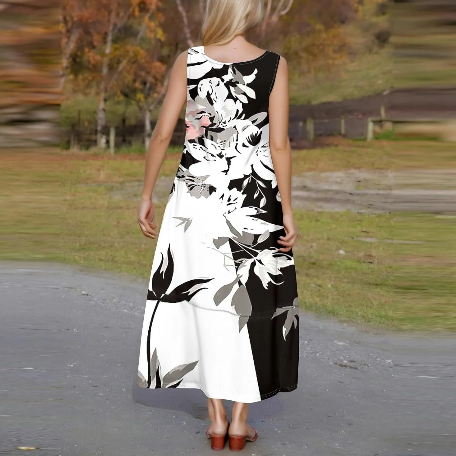 Women Summer Dresses 2025 Sleeveless Round Neck Maxi Dress Casual Floral Tank Dress Beach Loose Sundresses with Pockets
