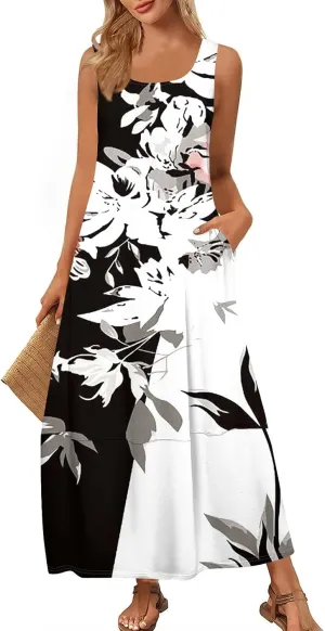 Women Summer Dresses 2025 Sleeveless Round Neck Maxi Dress Casual Floral Tank Dress Beach Loose Sundresses with Pockets