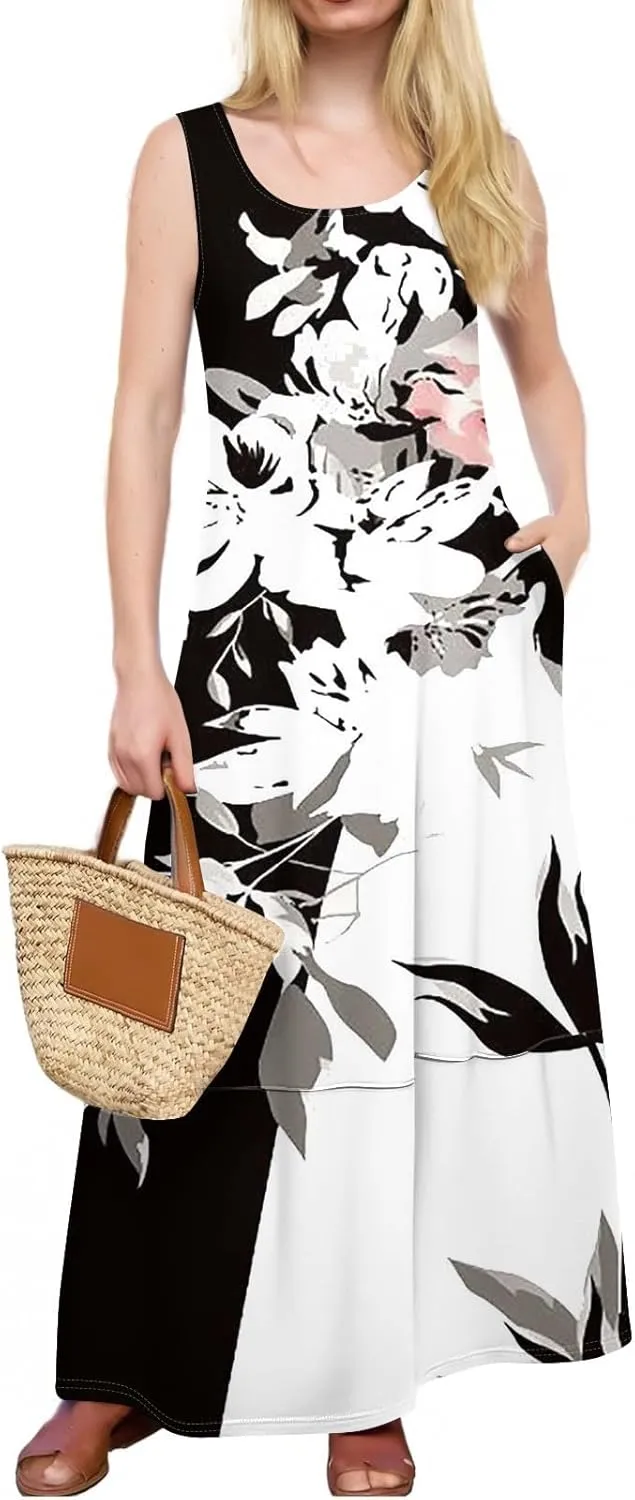 Women Summer Dresses 2025 Sleeveless Round Neck Maxi Dress Casual Floral Tank Dress Beach Loose Sundresses with Pockets