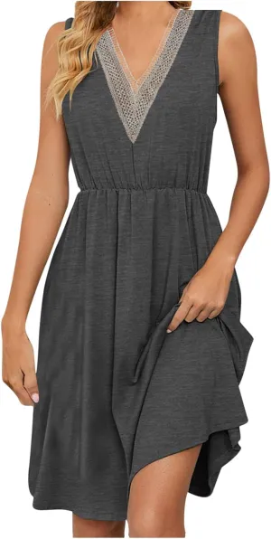 Women Summer Dresses Sleeveless Lace V Neck Empire Waist Dress Casual Loose Swing Elastic Waist Midi Dress Sundress