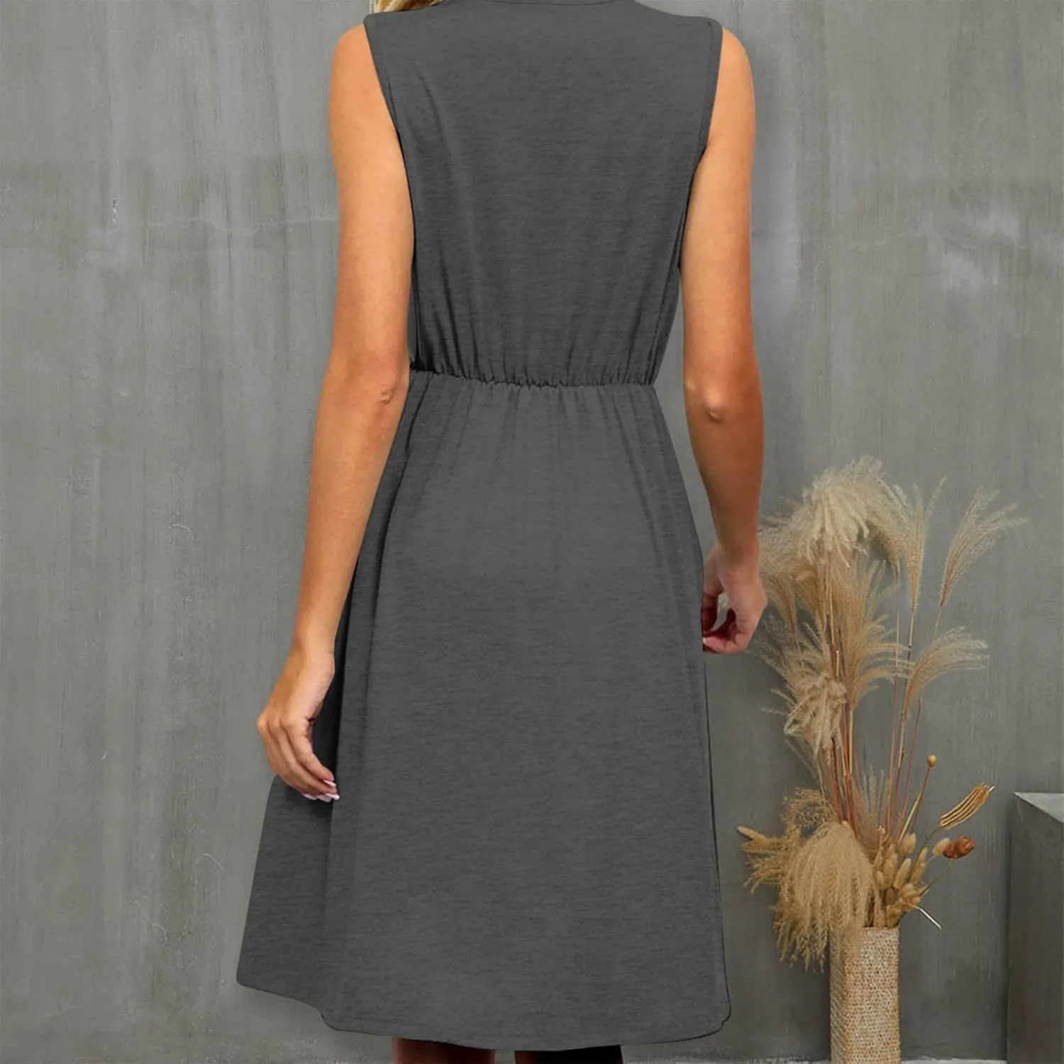 Women Summer Dresses Sleeveless Lace V Neck Empire Waist Dress Casual Loose Swing Elastic Waist Midi Dress Sundress
