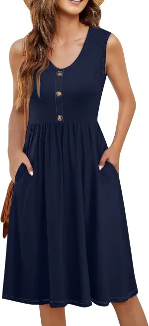 Women Summer Dresses,Fashion V-Neck Button Sleeveless Sundress Boho Floral Knee Length Empire Waist Dress with Pocket