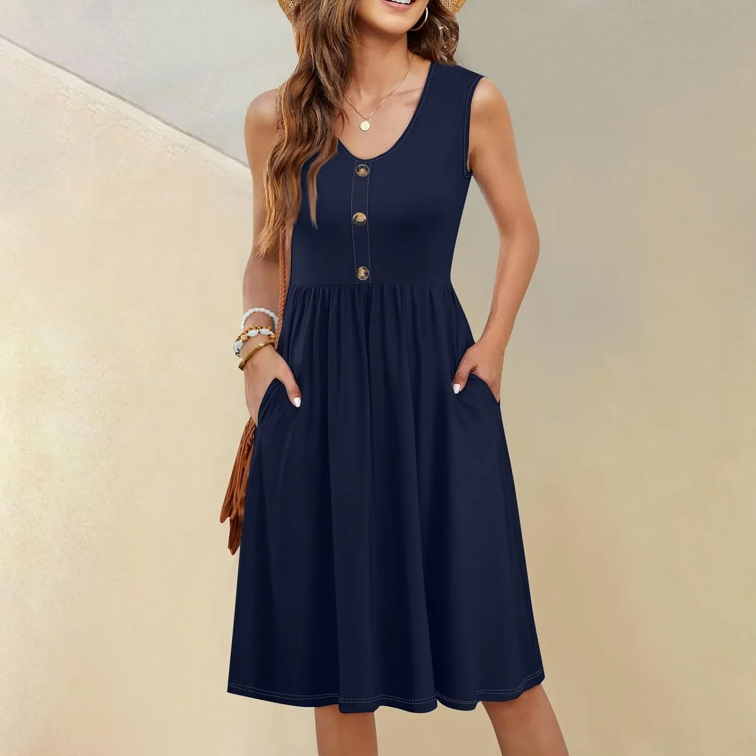 Women Summer Dresses,Fashion V-Neck Button Sleeveless Sundress Boho Floral Knee Length Empire Waist Dress with Pocket