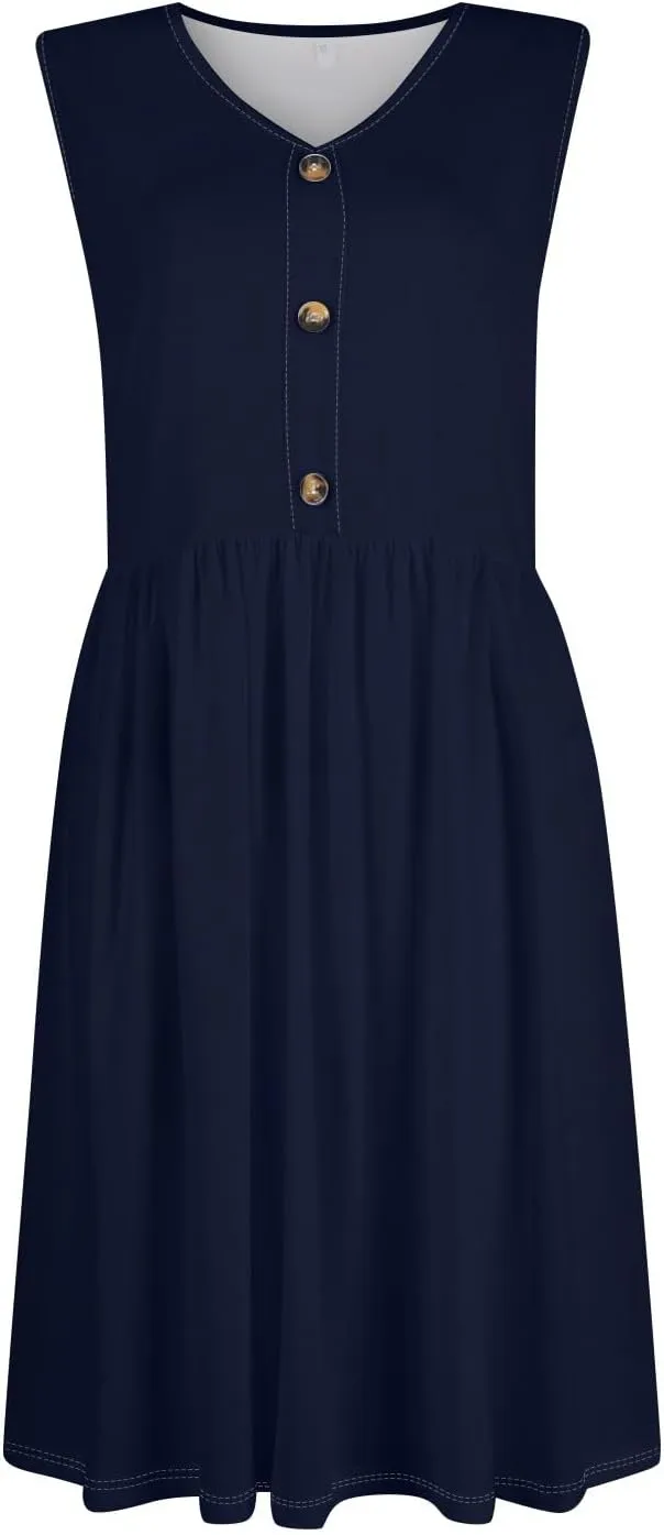 Women Summer Dresses,Fashion V-Neck Button Sleeveless Sundress Boho Floral Knee Length Empire Waist Dress with Pocket