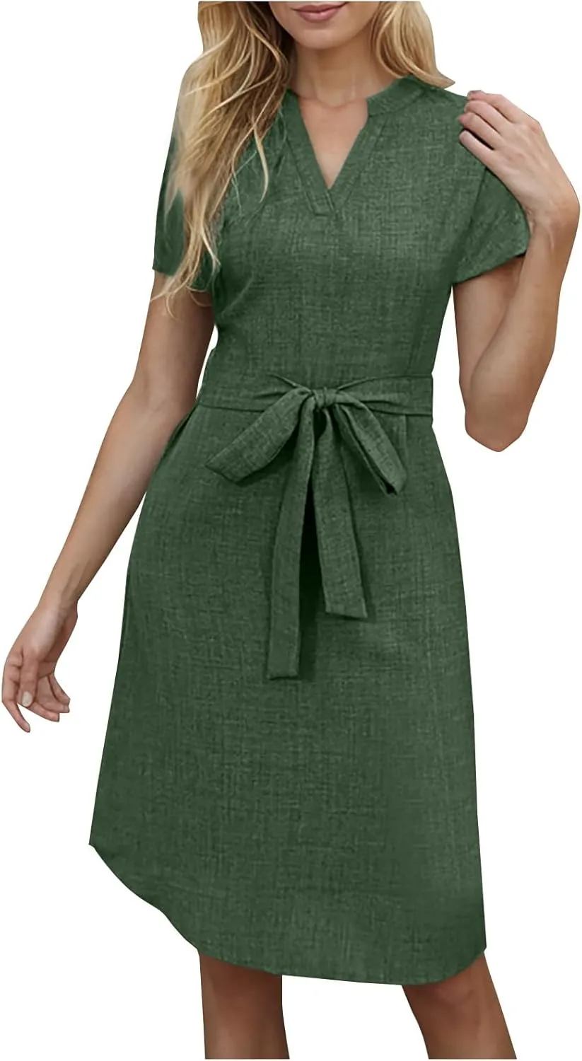Women Summer Midi Shirt Dress Lapel Short Sleeve Tie Waist Dress Wrinkle-Free Slim Work Vacation Party Shift Dresses