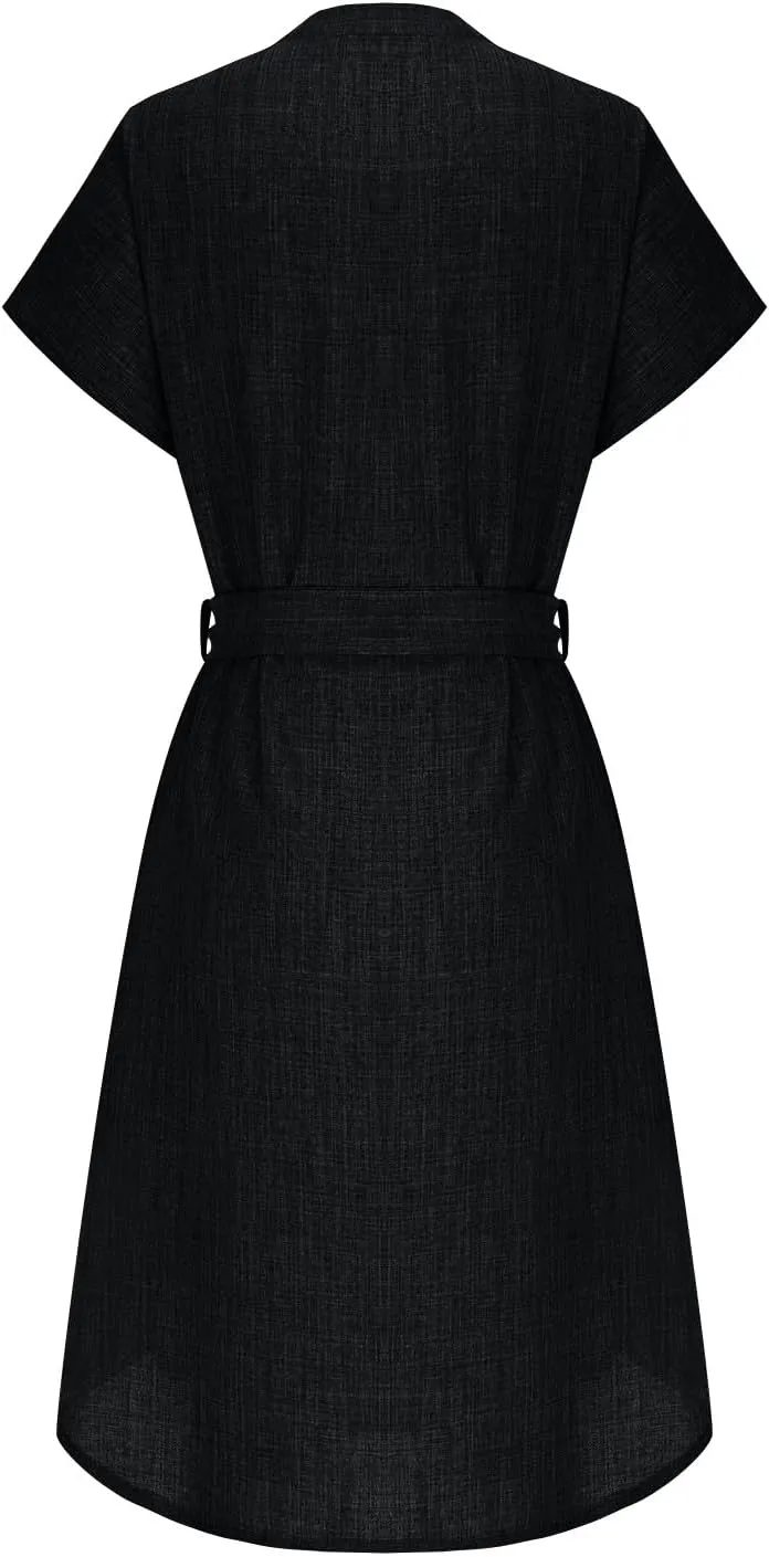 Women Summer Midi Shirt Dress Lapel Short Sleeve Tie Waist Dress Wrinkle-Free Slim Work Vacation Party Shift Dresses
