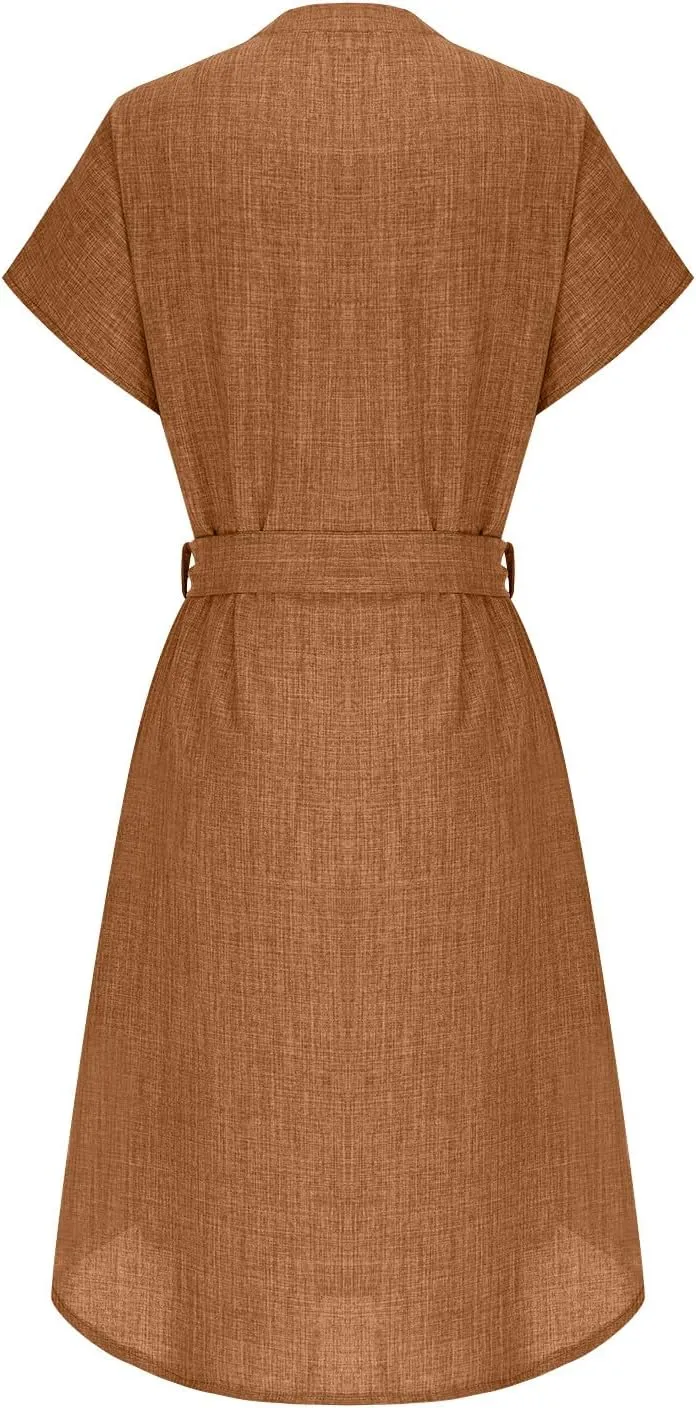 Women Summer Midi Shirt Dress Lapel Short Sleeve Tie Waist Dress Wrinkle-Free Slim Work Vacation Party Shift Dresses