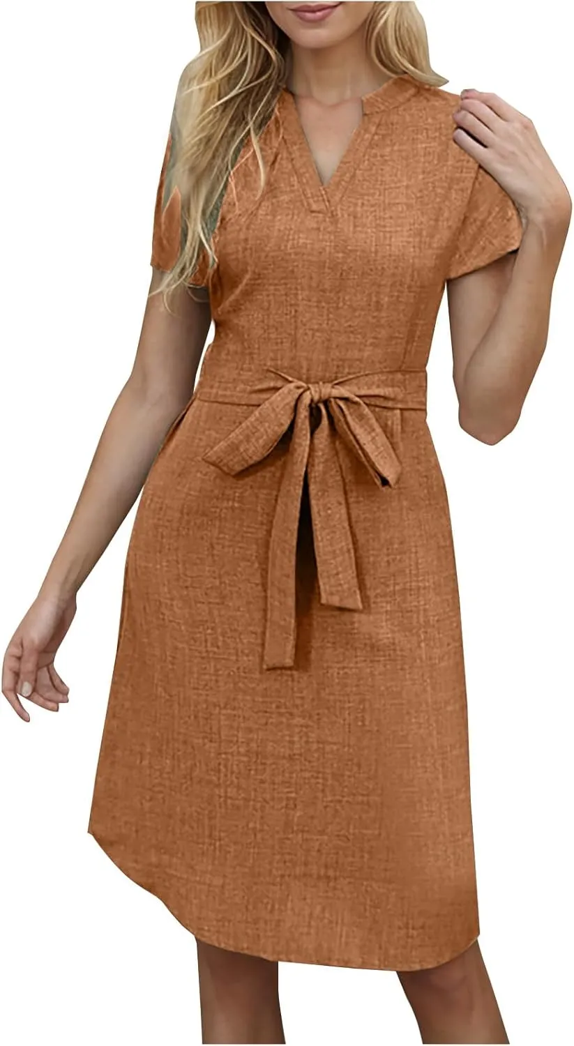 Women Summer Midi Shirt Dress Lapel Short Sleeve Tie Waist Dress Wrinkle-Free Slim Work Vacation Party Shift Dresses