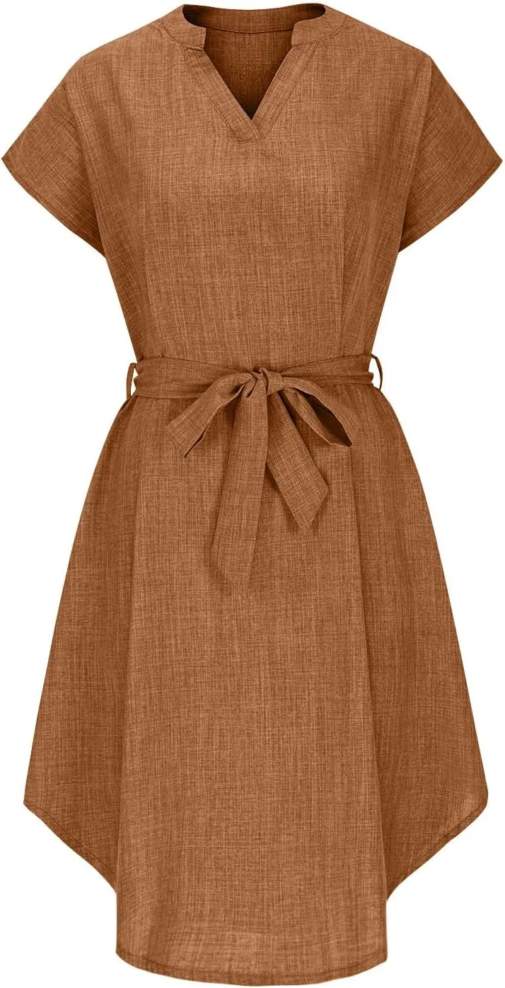 Women Summer Midi Shirt Dress Lapel Short Sleeve Tie Waist Dress Wrinkle-Free Slim Work Vacation Party Shift Dresses