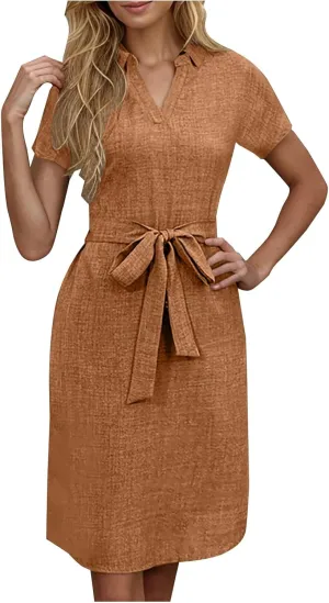 Women Summer Midi Shirt Dress Lapel Short Sleeve Tie Waist Dress Wrinkle-Free Slim Work Vacation Party Shift Dresses