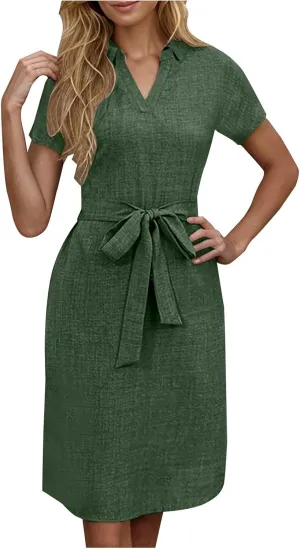 Women Summer Midi Shirt Dress Lapel Short Sleeve Tie Waist Dress Wrinkle-Free Slim Work Vacation Party Shift Dresses