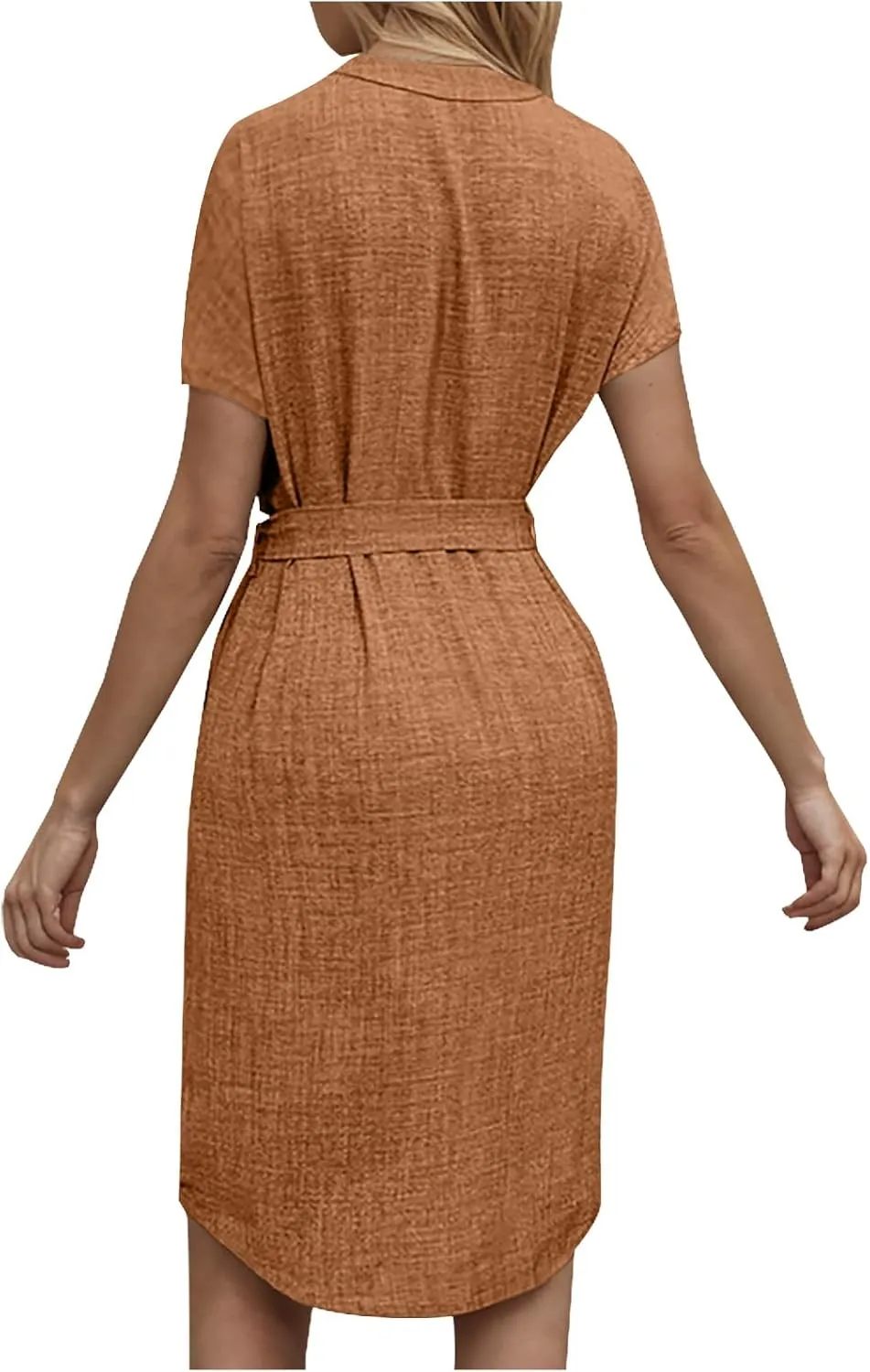 Women Summer Midi Shirt Dress Lapel Short Sleeve Tie Waist Dress Wrinkle-Free Slim Work Vacation Party Shift Dresses
