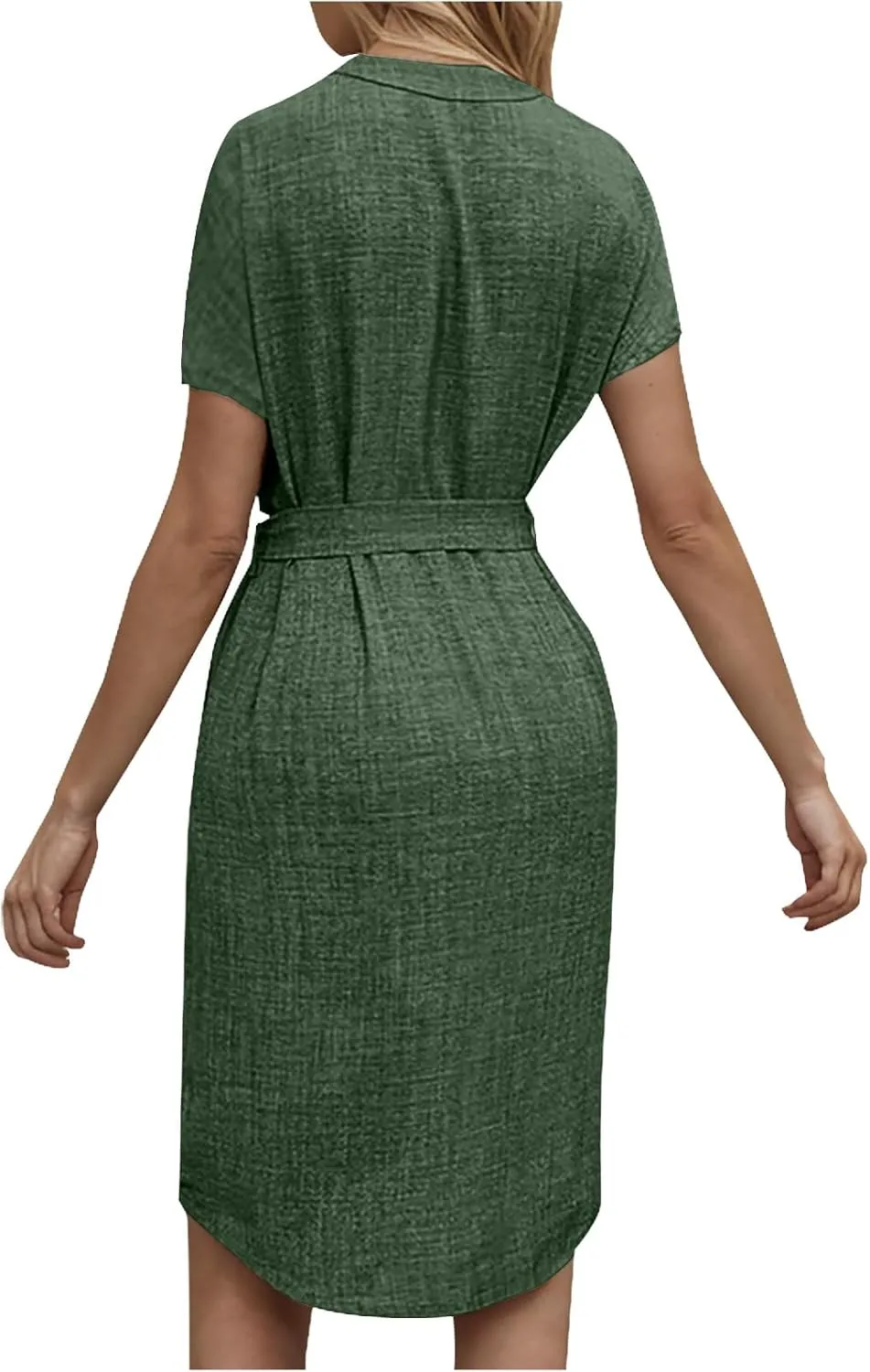 Women Summer Midi Shirt Dress Lapel Short Sleeve Tie Waist Dress Wrinkle-Free Slim Work Vacation Party Shift Dresses
