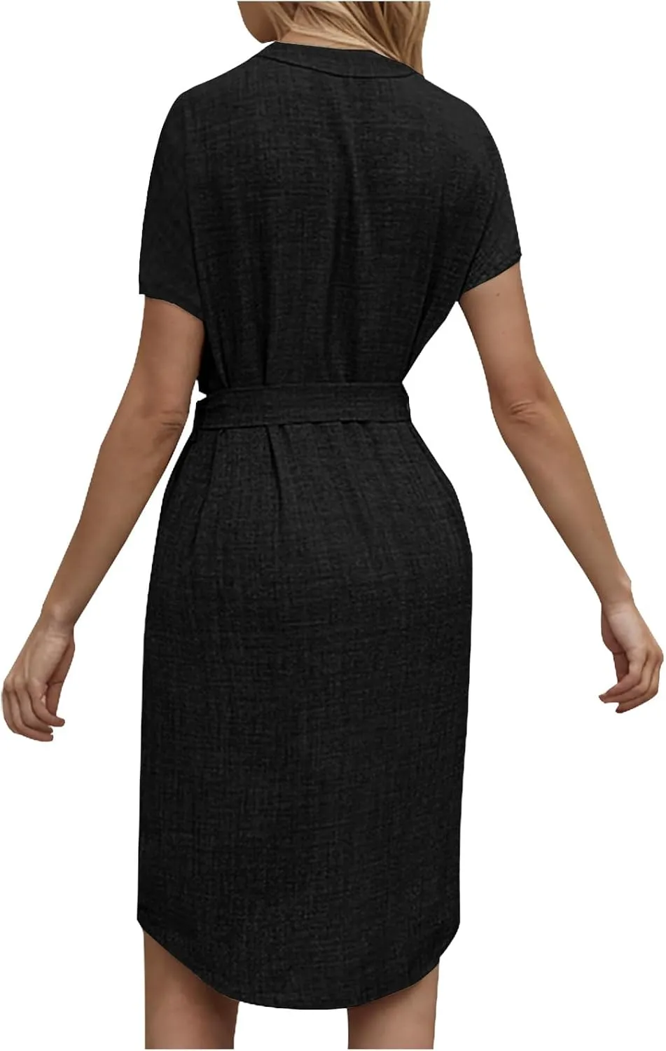 Women Summer Midi Shirt Dress Lapel Short Sleeve Tie Waist Dress Wrinkle-Free Slim Work Vacation Party Shift Dresses