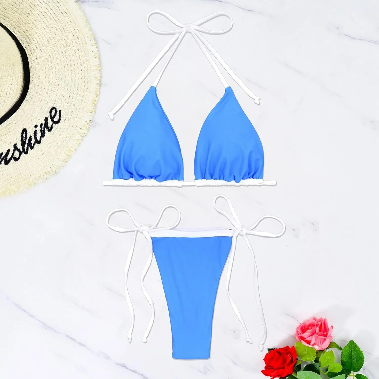 Women Triangle Halter Bikini Tops Adjustable Lace-up String 2 Piece Swimsuit Ruched Thong Brazilian Bathing Suit